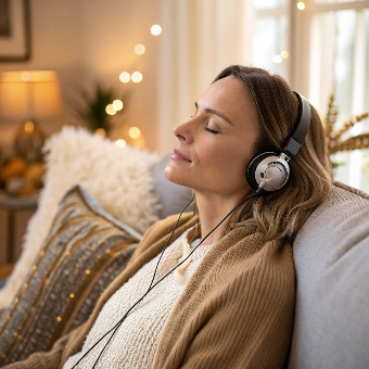 Person relaxing on a couch with headphones, listening to hypnosis audio to lose weight naturally in a calm home setting.