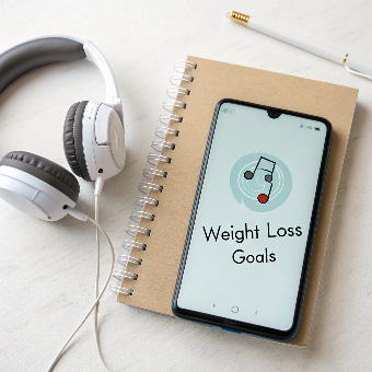 Smartphone displaying audio hypnosis programs for weight loss alongside goal-setting tools.