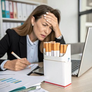 Entrepreneur struggling with smoking withdrawal at work desk